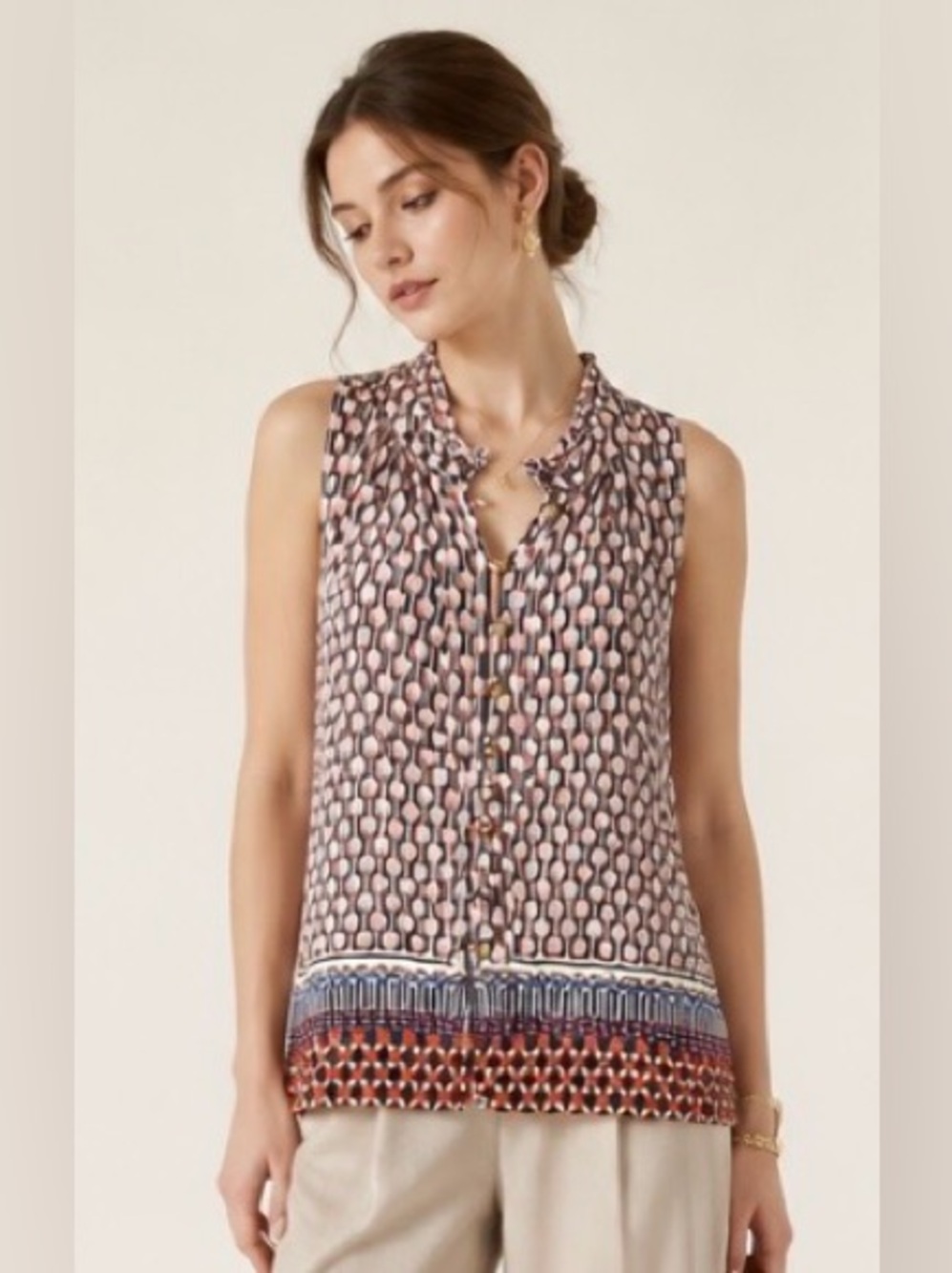 MAEVE Anthropologie Blouse Sleeveless Button Ruffle Geo Pink Gray Large